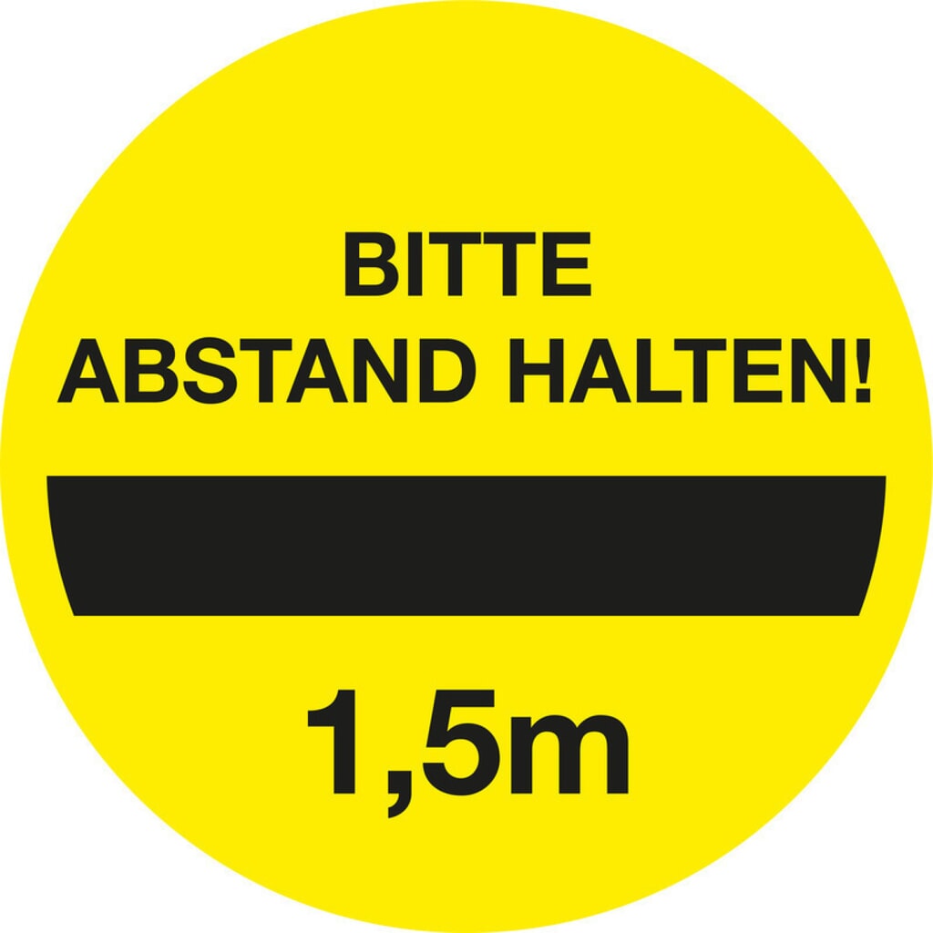 Gebodsbord ‘1,5 m afstand houden a.u.b.', Ø 100 mm, pvc-folie, zelfklevend, set van 4 stuks Product afbeelding: Gebodsbord ‘1,5 m afstand houden a.u.b.', Ø 100 mm, pvc-folie, zelfklevend, set van 4 stuks