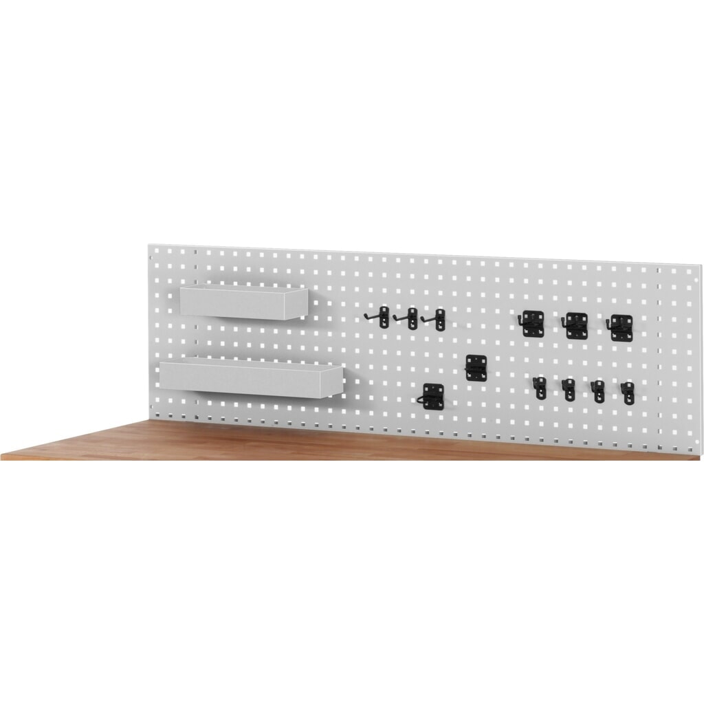 Werkbankopbouw RAU, geperforeerde plaat voor zelfmontage, hxbxd 450 x 1.250 x 15 mm, inclusief houderset Product afbeelding: Werkbankopbouw RAU, geperforeerde plaat voor zelfmontage, hxbxd 450 x 1.250 x 15 mm, inclusief houderset