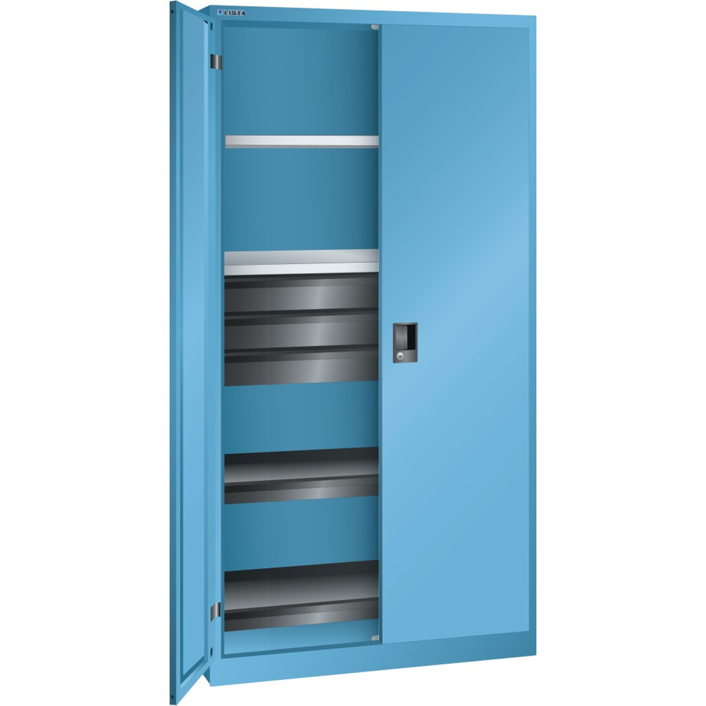 Gereedschapskast LISTA, (bxdxh) 1000x580x1950 mm, 2 uittrekbare legborden, 3 lades, lichtblauw, RFID Lock