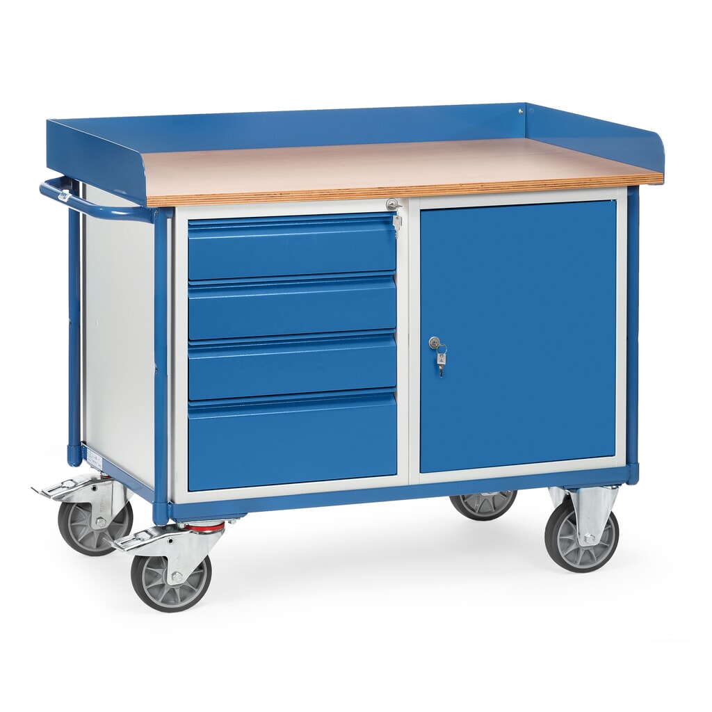 Gereedschapswagen fetra® met hoge rand, kast, 4 lades, draagvermogen 400 kg Product afbeelding: Gereedschapswagen fetra® met hoge rand, kast, 4 lades, draagvermogen 400 kg