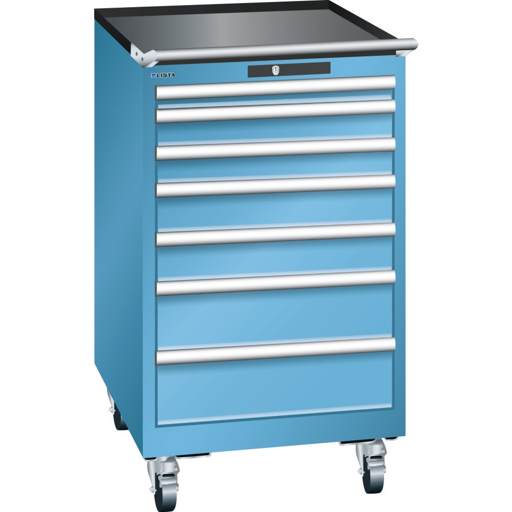 Product afbeelding: Gereedschapswagen LISTA 27x36E, (bxdxh) 564x725x990 mm, 7 lades, fronthoogten 50-150 mm, lichtblauw, CODE Lock