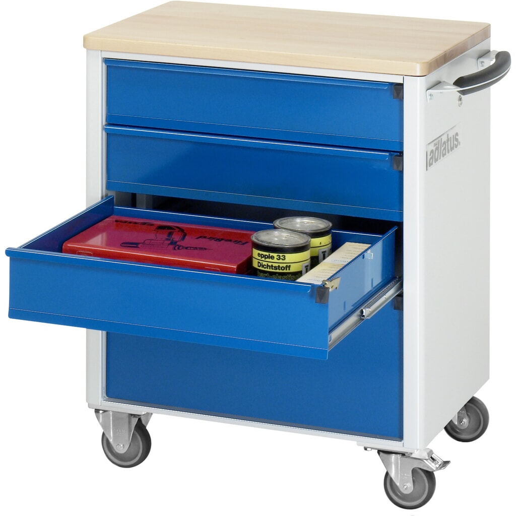 Gereedschapswagen RAU serie adlatus 700, hxbxd 860 x 700 x 510 mm, 4 lades 3 x 130, 1 x 260 mm, beuken werkblad Product afbeelding: Gereedschapswagen RAU serie adlatus 700, hxbxd 860 x 700 x 510 mm, 4 lades 3 x 130, 1 x 260 mm, beuken werkblad