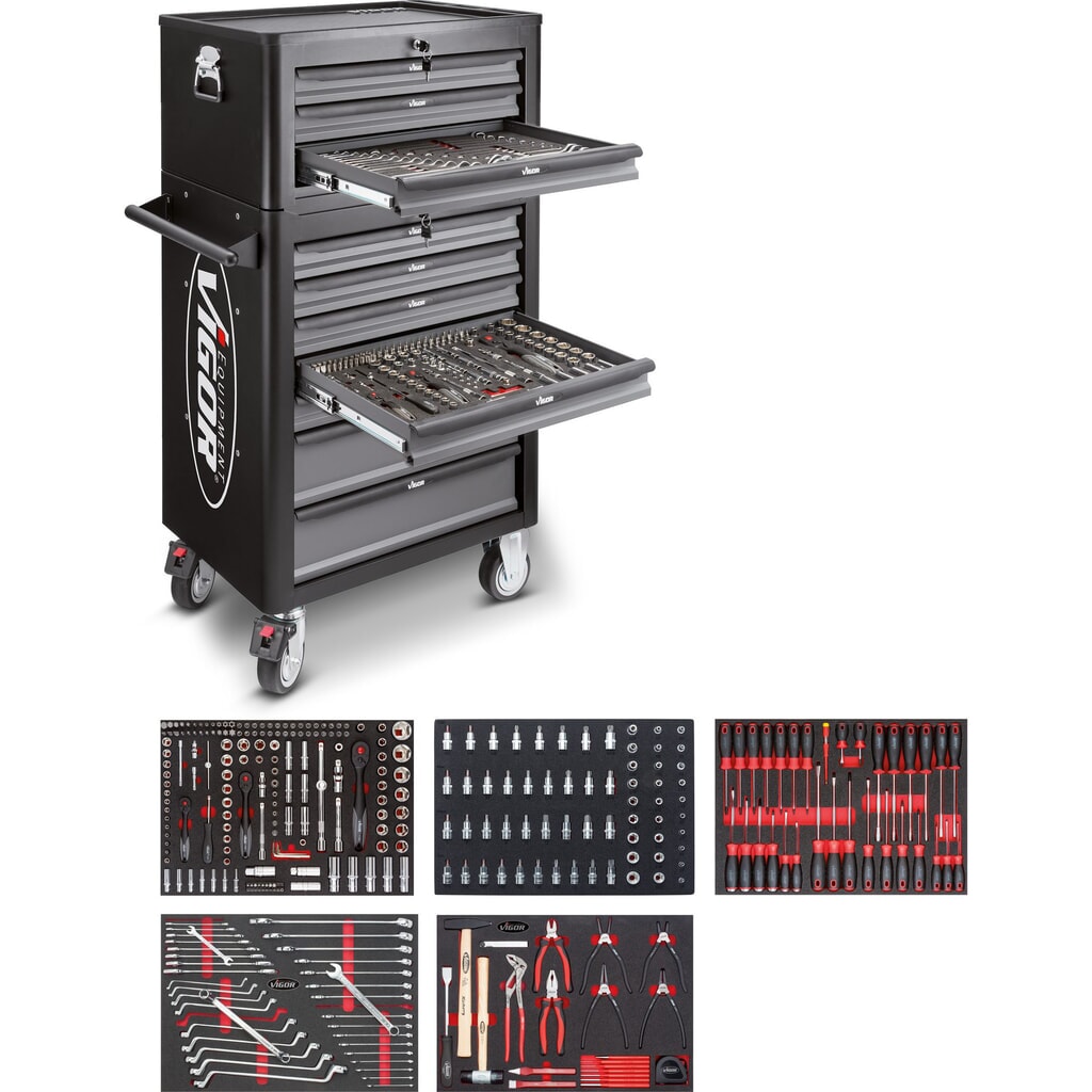 Product afbeelding: Gereedschapswagen VIGOR® 1000, 7 + 3 lades + opzetkoffer , incl. 344-delig gereedschapsassortiment