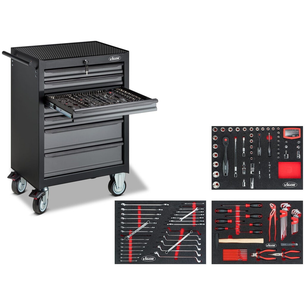 Gereedschapswagen VIGOR® 500N, 7 lades, incl. 163-delig gereedschapsassortiment Product afbeelding: Gereedschapswagen VIGOR® 500N, 7 lades, incl. 163-delig gereedschapsassortiment