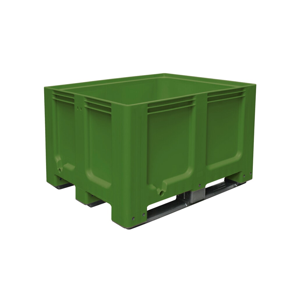 Grote bak van polyethyleen, 610 liter, met traversen, groen Product afbeelding: Grote bak van polyethyleen, 610 liter, met traversen, groen