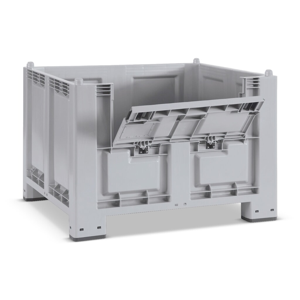 Grote bak van polypropyleen, 550 liter, met poten + klep, grijs Product afbeelding: Grote bak van polypropyleen, 550 liter, met poten + klep, grijs