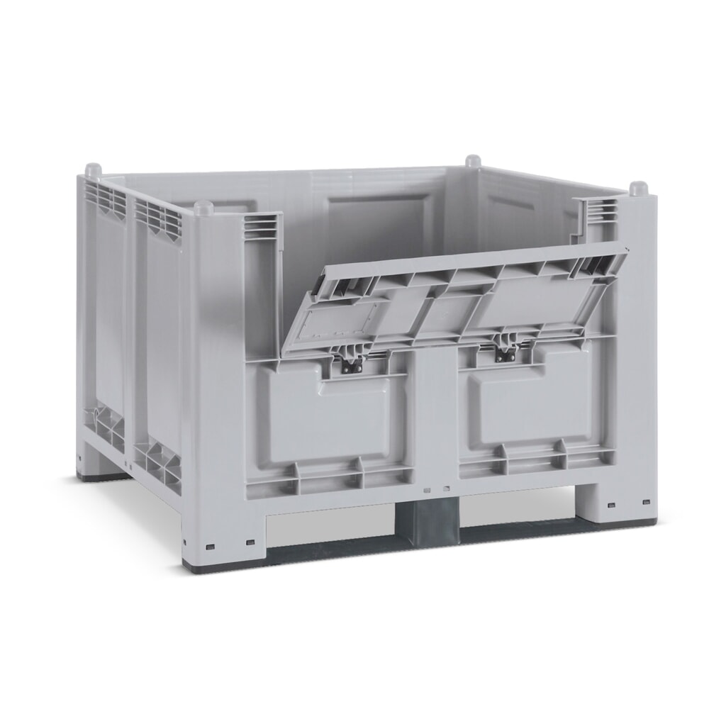 Product afbeelding: Grote bak van polypropyleen, 550 liter, met traversen + klep, grijs