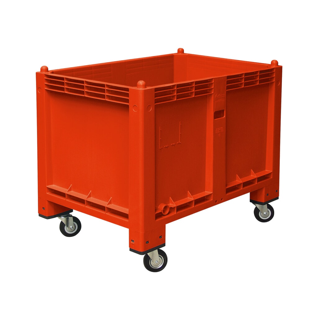 Grote bak van polypropyleen, 550 liter, met wielen, rood Product afbeelding: Grote bak van polypropyleen, 550 liter, met wielen, rood