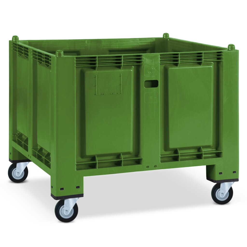 Grote bak van polypropyleen, 550 liter, met wielen, groen Product afbeelding: Grote bak van polypropyleen, 550 liter, met wielen, groen