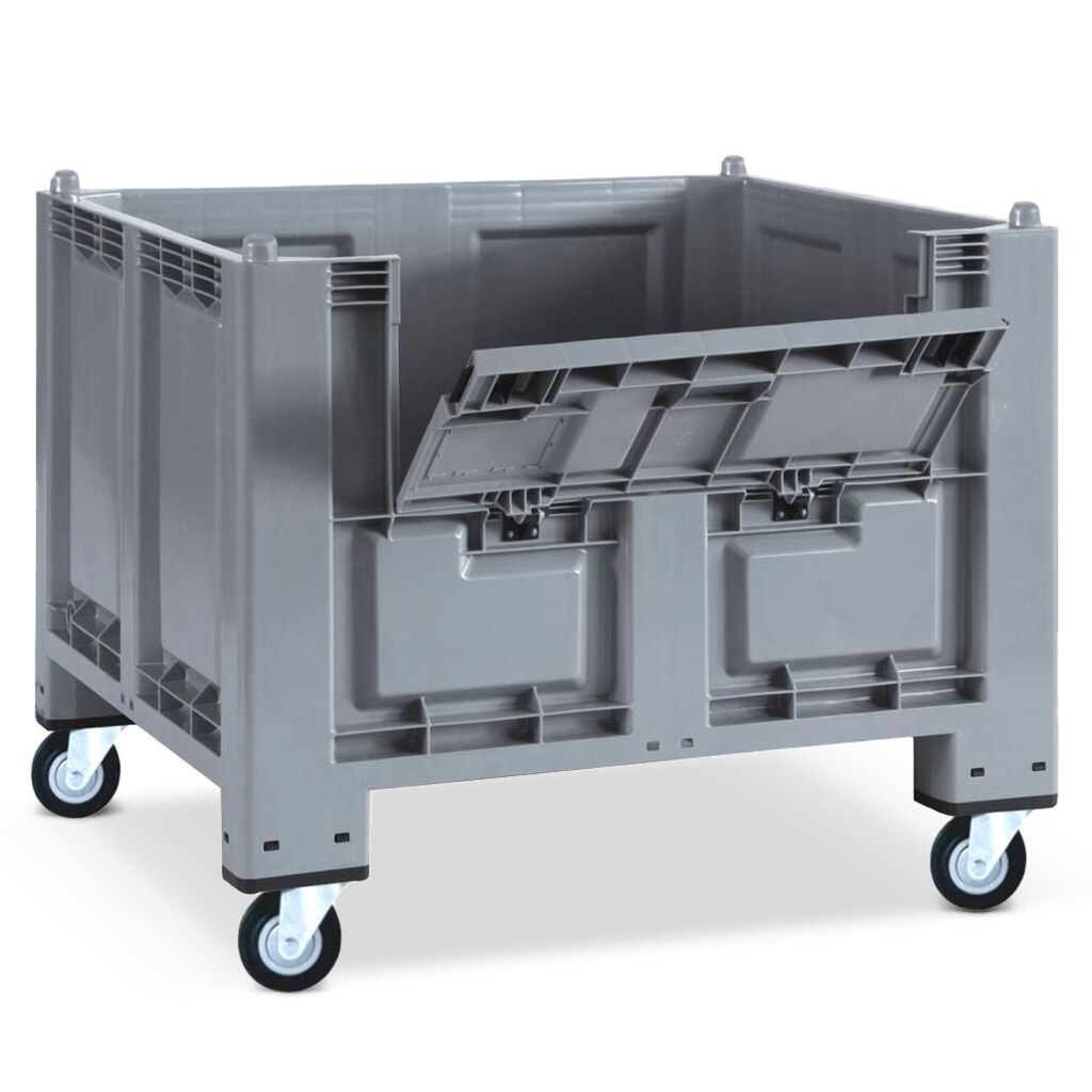 Grote bak van polypropyleen, 550 liter, met wielen + klep, grijs Product afbeelding: Grote bak van polypropyleen, 550 liter, met wielen + klep, grijs