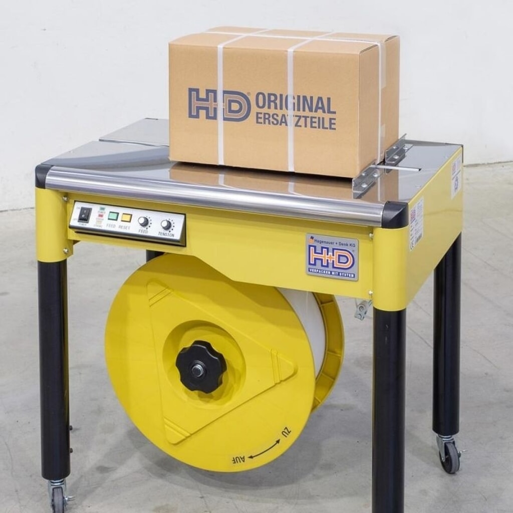 Product afbeelding: Halfautomatische omsnoeringsmachine HDS-25, verrijdbaar met zwenkwielen, voor bandbreedte 12 mm