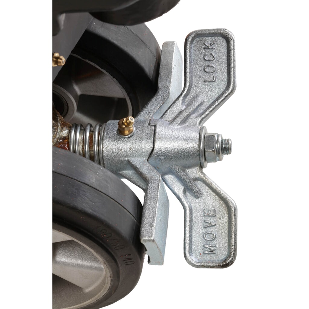Parkeerrem voor palletwagen Ameise® met stuurwielen van massief rubber, wiel Ø 180 mm Product afbeelding: Parkeerrem voor palletwagen Ameise® met stuurwielen van massief rubber, wiel Ø 180 mm