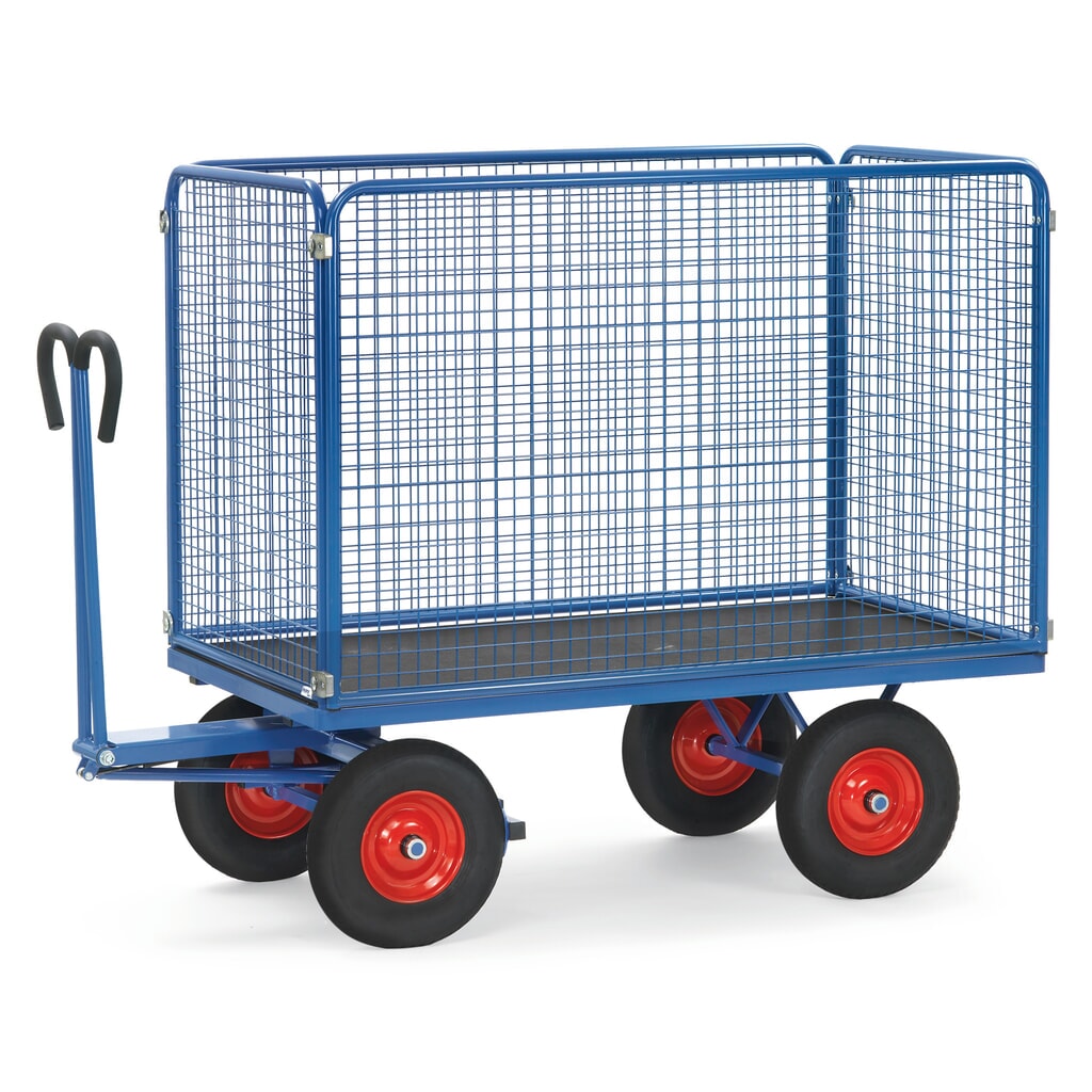 Handtrekwagen fetra® met draadgaaswanden h 1.000 mm, laadvlak 900 x 1.600 mm, draagvermogen 1.000 kg, volrubber banden Product afbeelding: Handtrekwagen fetra® met draadgaaswanden h 1.000 mm, laadvlak 900 x 1.600 mm, draagvermogen 1.000 kg, volrubber banden
