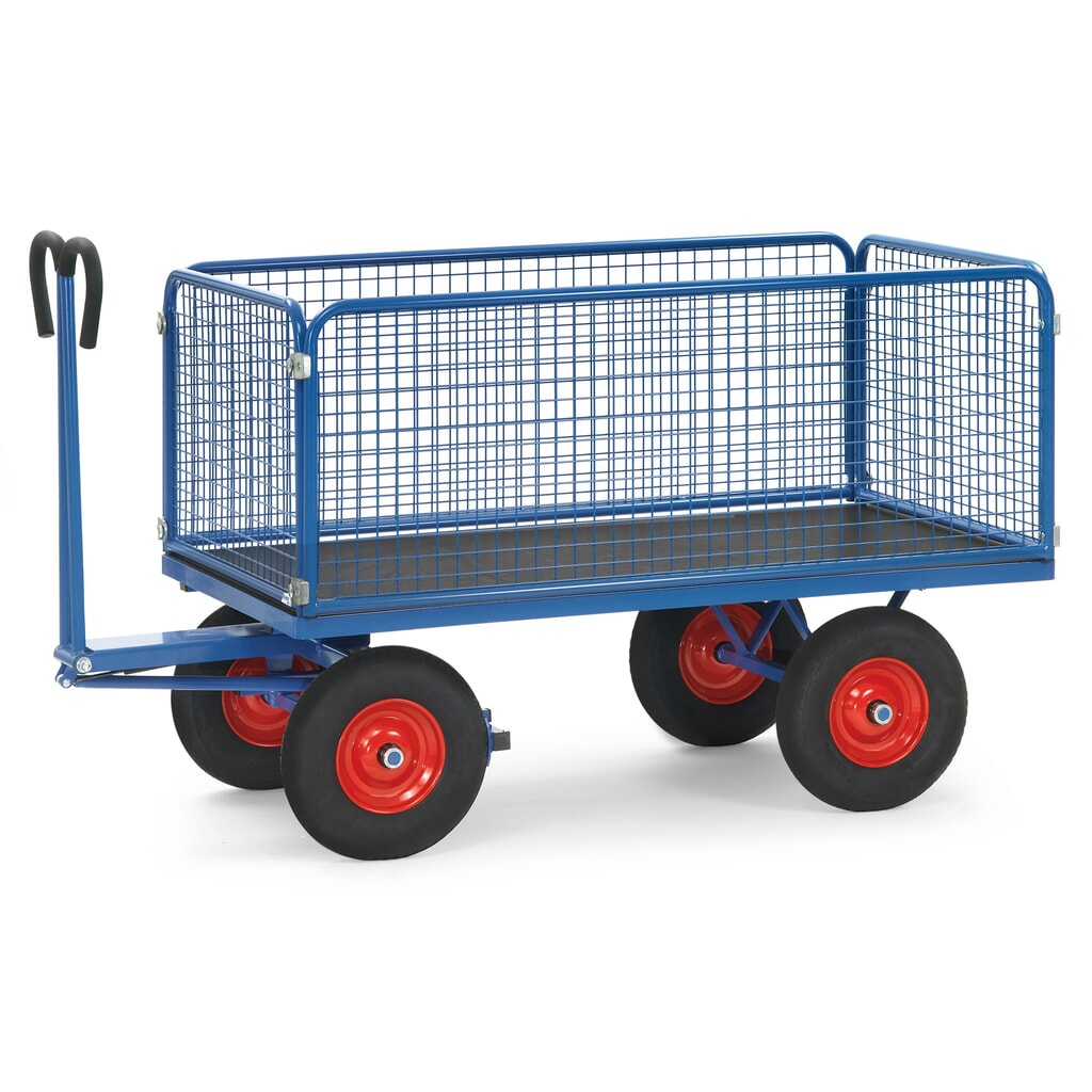 Product afbeelding: Handtrekwagen fetra® met draadgaaswanden h 600 mm, laadvlak 1.000 x 2.000 mm, draagvermogen 1.250 kg, volrubber banden