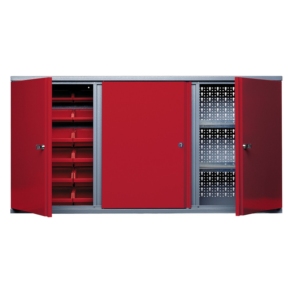 Product afbeelding: Hangkast met 2 geperforeerde achterwanden + 18 zichtboxen, hxbxd 600 x 1.200 x 190 mm, rood