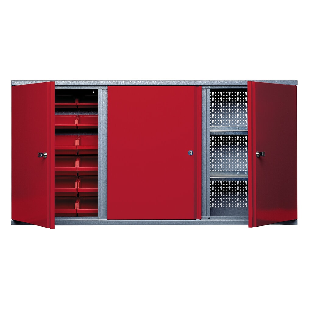 Hangkast met 2 geperforeerde achterwanden + 18 zichtboxen, hxbxd 600 x 1.200 x 190 mm, rood Product afbeelding: Hangkast met 2 geperforeerde achterwanden + 18 zichtboxen, hxbxd 600 x 1.200 x 190 mm, rood
