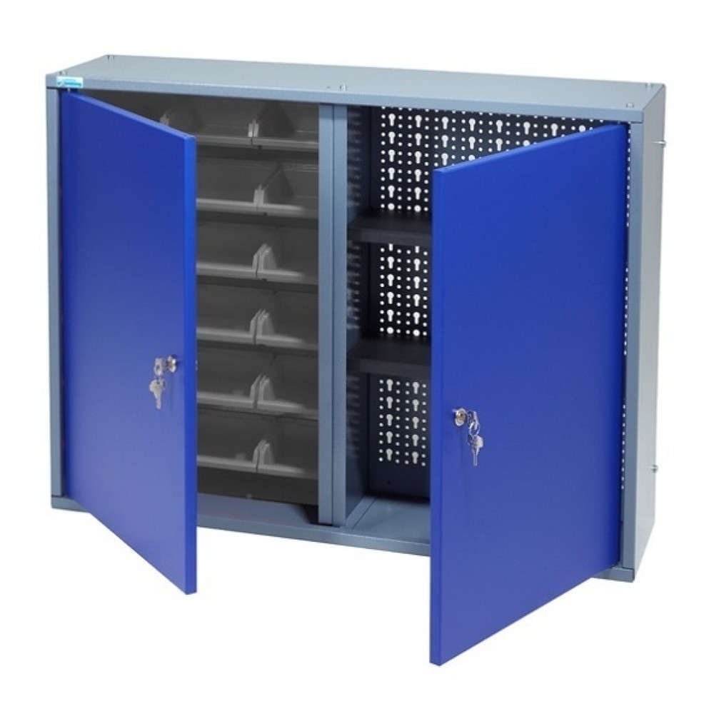 Product afbeelding: Hangkast met 1 geperforeerde achterwand + 18 zichtboxen, hxbxd 600 x 800 x 190 mm, blauw