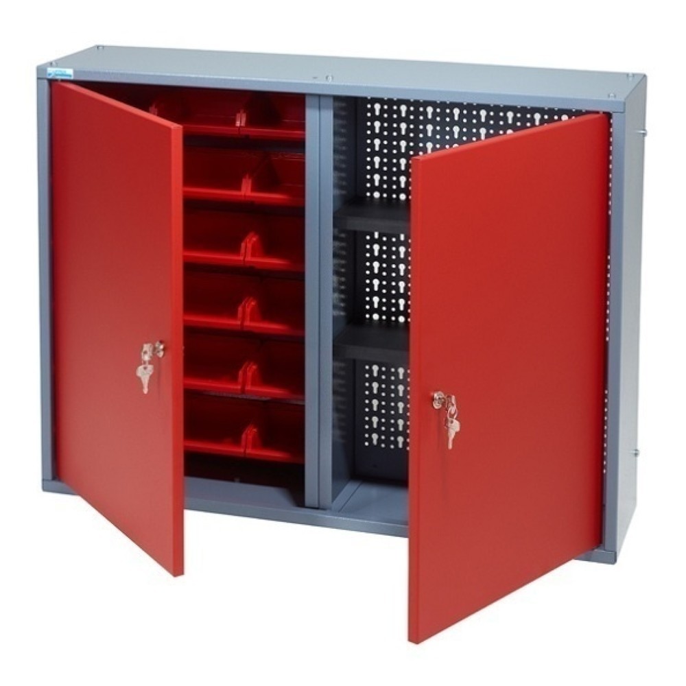 Product afbeelding: Hangkast met 1 geperforeerde achterwand + 18 zichtboxen, hxbxd 600 x 800 x 190 mm, rood