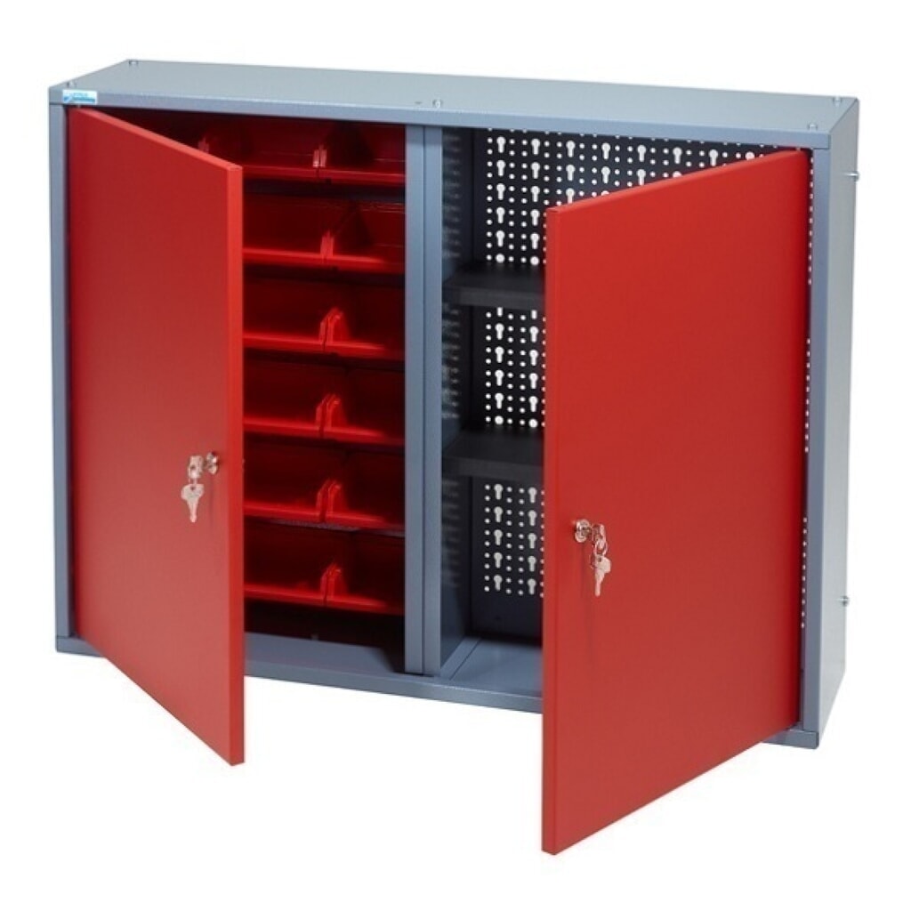 Product afbeelding: Hangkast met 1 geperforeerde achterwand + 18 zichtboxen, hxbxd 600 x 800 x 190 mm, rood