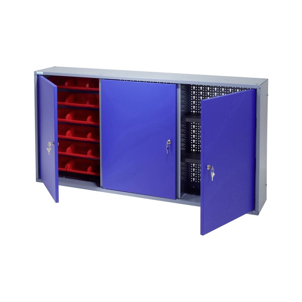 Hangkast met 2 geperforeerde achterwanden + 18 zichtboxen, hxbxd 600 x 1.200 x 190 mm, blauw Product afbeelding: Hangkast met 2 geperforeerde achterwanden + 18 zichtboxen, hxbxd 600 x 1.200 x 190 mm, blauw