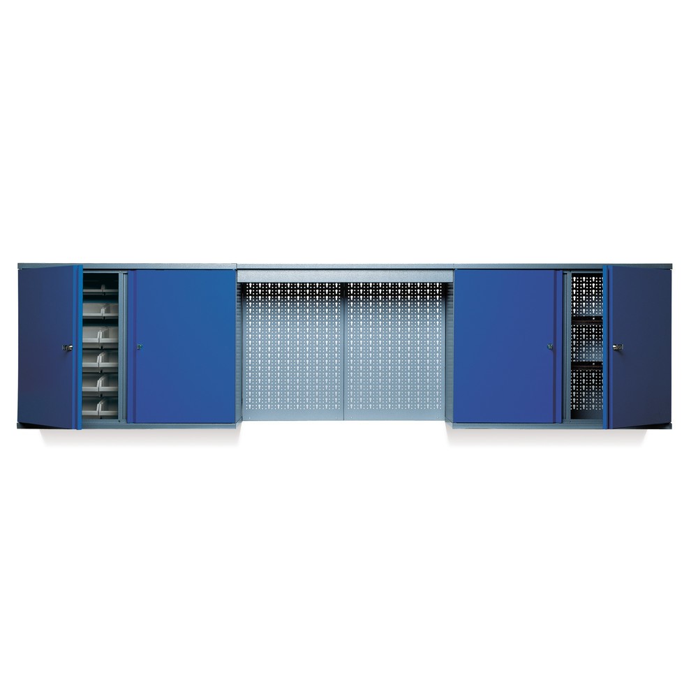 Product afbeelding: Hangkast met 4 legborden + 4 geperforeerde achterwanden + 12 zichtboxen+ lichtpaneel, blauw