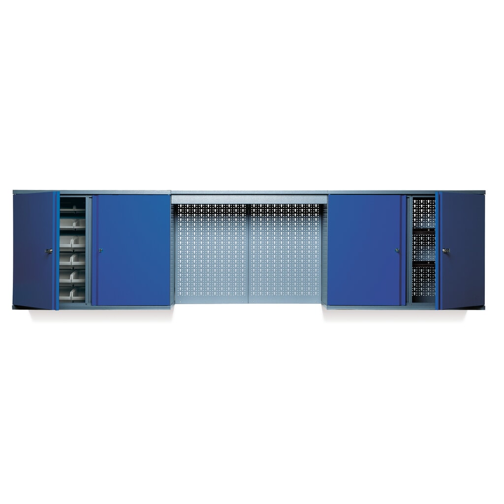 Product afbeelding: Hangkast met 4 legborden + 4 geperforeerde achterwanden + 12 zichtboxen+ lichtpaneel, blauw