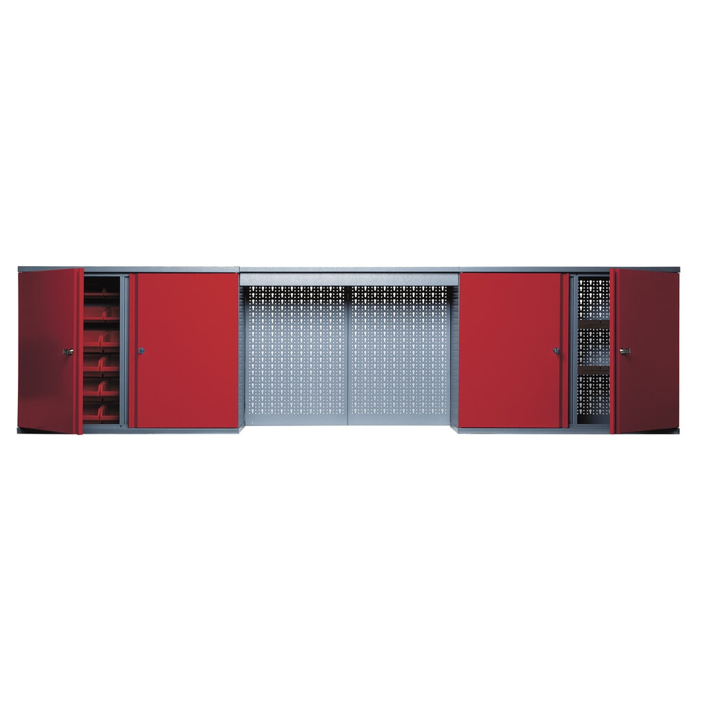 Hangkast met 4 legplanken + 4 geperforeerde achterwanden + 12 bakken + lichtpaneel, rood Product afbeelding: Hangkast met 4 legplanken + 4 geperforeerde achterwanden + 12 bakken + lichtpaneel, rood