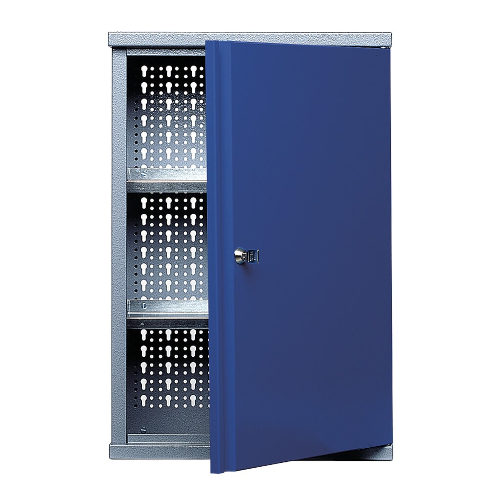 Hangkast met 2 legborden + 1 geperforeerde achterwand, hxbxd 600 x 400 x 190 mm, blauw Product afbeelding: Hangkast met 2 legborden + 1 geperforeerde achterwand, hxbxd 600 x 400 x 190 mm, blauw