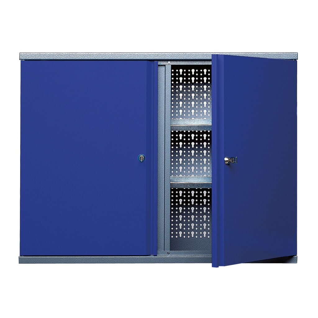 Product afbeelding: Hangkast met 4 legborden + 2 geperforeerde achterwanden, hxbxd 600 x 800 x 190 mm, blauw