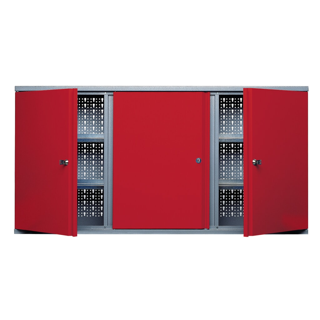 Hangkast met 4 legborden + 3 geperforeerde achterwanden, hxbxd 600 x 1.200 x 190 mm, rood Product afbeelding: Hangkast met 4 legborden + 3 geperforeerde achterwanden, hxbxd 600 x 1.200 x 190 mm, rood