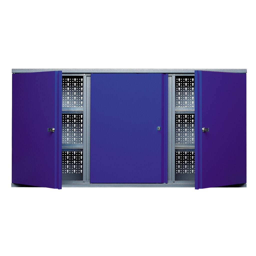 Hangkast met 4 legborden + 3 geperforeerde achterwanden, hxbxd 600 x 1.200 x 190 mm, blauw Product afbeelding: Hangkast met 4 legborden + 3 geperforeerde achterwanden, hxbxd 600 x 1.200 x 190 mm, blauw