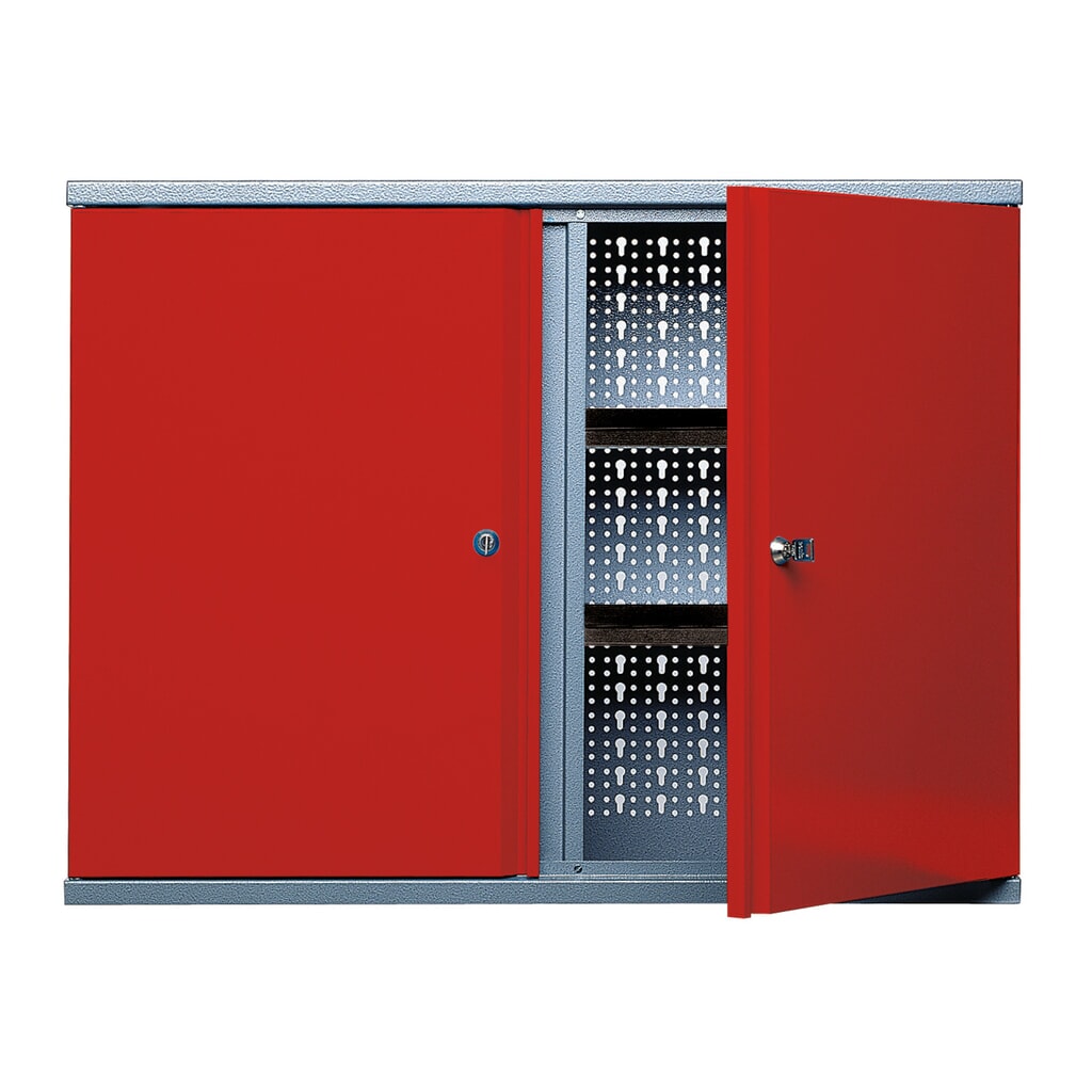 Product afbeelding: Hangkast met 4 legborden + 2 geperforeerde achterwanden, hxbxd 600 x 800 x 190 mm, rood
