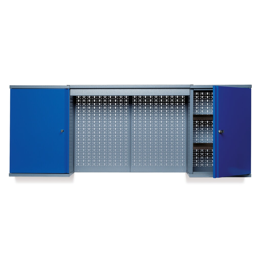 Hangkast met 4 legborden + 4 geperforeerde achterwanden + lichtpaneel, hxbxd 600 x 1.600 x 190 mm, blauw Product afbeelding: Hangkast met 4 legborden + 4 geperforeerde achterwanden + lichtpaneel, hxbxd 600 x 1.600 x 190 mm, blauw