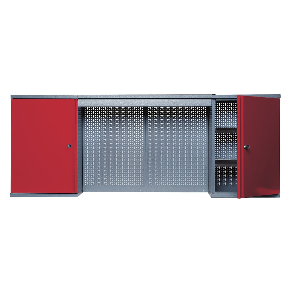 Hangkast met 4 legborden + 4 geperforeerde achterwanden + lichtpaneel, hxbxd 600 x 1.600 x 190 mm, rood Product afbeelding: Hangkast met 4 legborden + 4 geperforeerde achterwanden + lichtpaneel, hxbxd 600 x 1.600 x 190 mm, rood