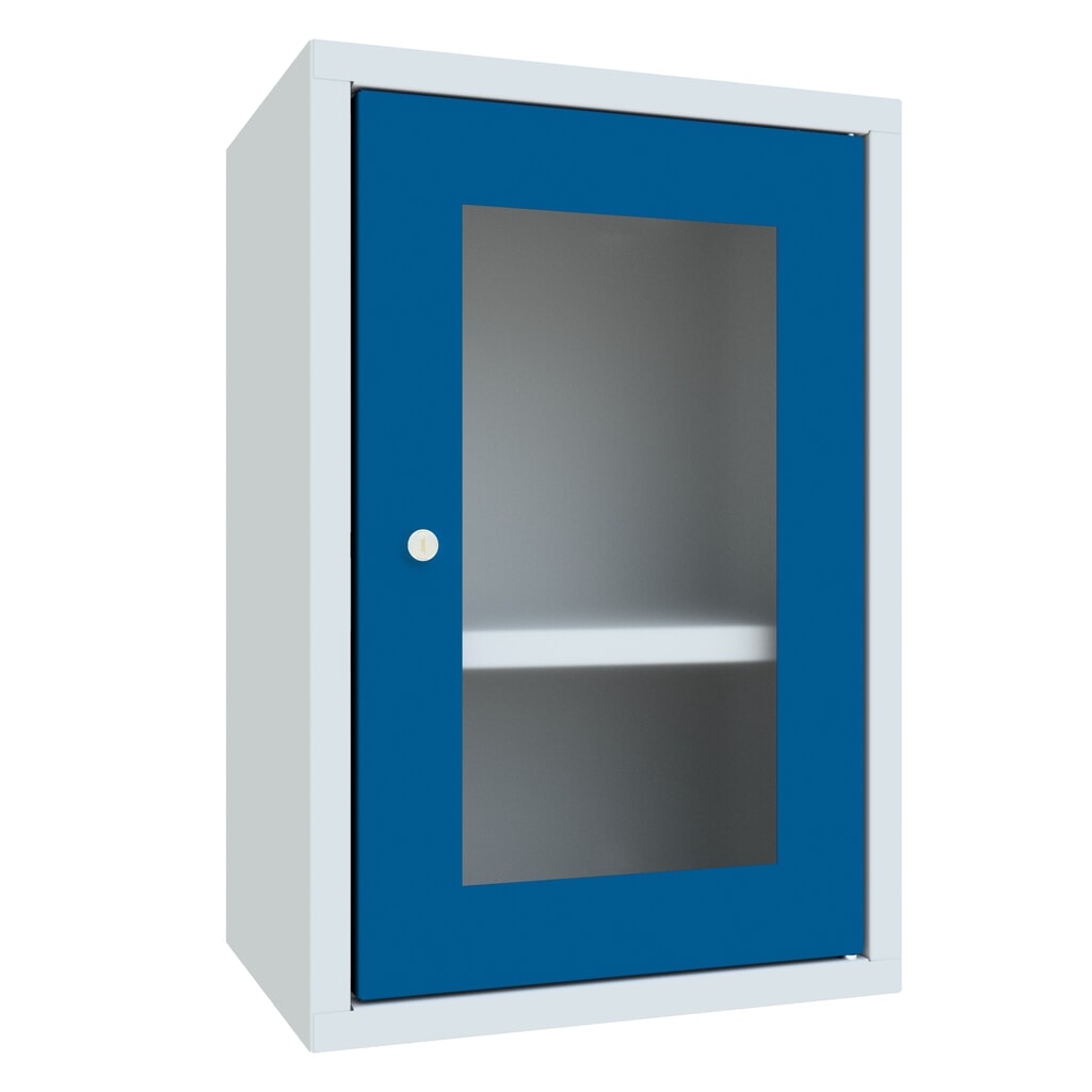 Hangkast PAVOY met kijkvenster, hxbxd 600 x 400 x 300 mm, gentiaanblauw, lichtgrijs Product afbeelding: Hangkast PAVOY met kijkvenster, hxbxd 600 x 400 x 300 mm, gentiaanblauw, lichtgrijs