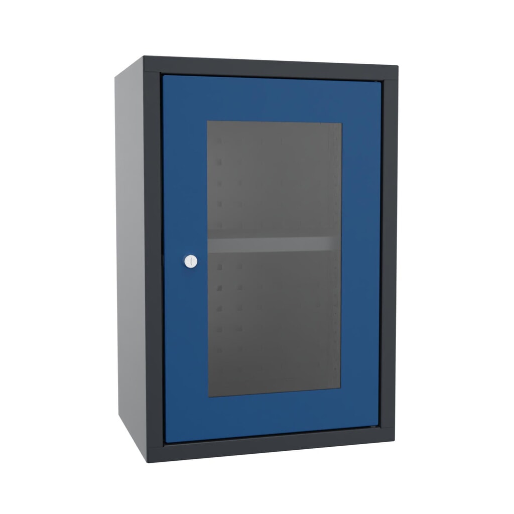 Hangkast PAVOY met kijkvenster, hxbxd 600 x 400 x 300 mm, geperforeerde achterwand, gentiaanblauw, antracietgrijs Product afbeelding: Hangkast PAVOY met kijkvenster, hxbxd 600 x 400 x 300 mm, geperforeerde achterwand, gentiaanblauw, antracietgrijs