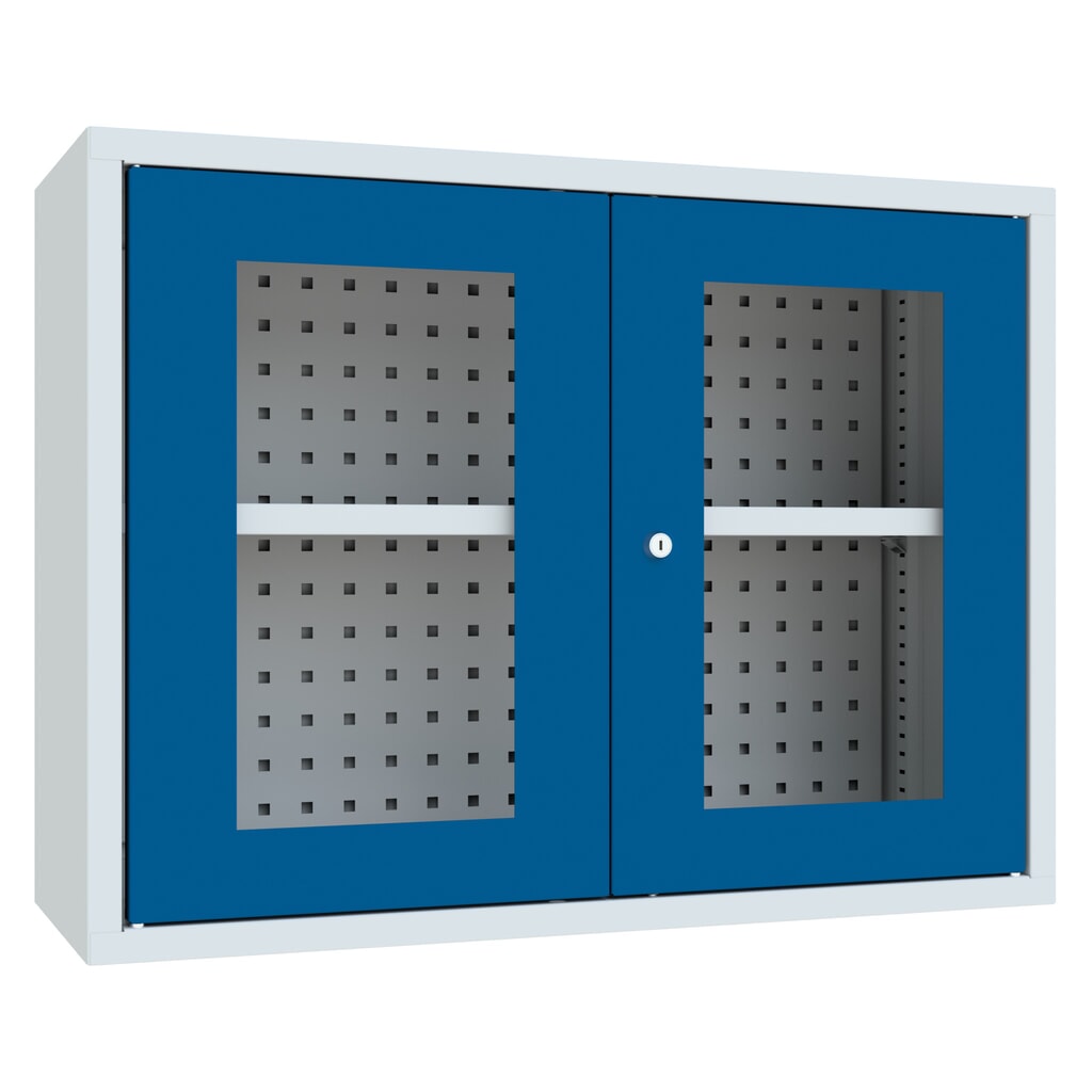 Hangkast PAVOY met kijkvenster, hxbxd 600 x 800 x 300 mm, geperforeerde achterwand, gentiaanblauw, lichtgrijs Product afbeelding: Hangkast PAVOY met kijkvenster, hxbxd 600 x 800 x 300 mm, geperforeerde achterwand, gentiaanblauw, lichtgrijs