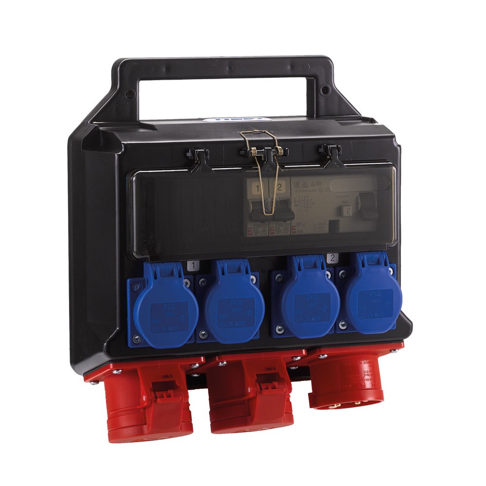Product afbeelding: HEDI hangende verdeler, draaistroom 400 V / 16 A, IP44, 2x CEE- en 4x geaarde contactdoos, met FI-veiligheidsschakelaar (RCD)