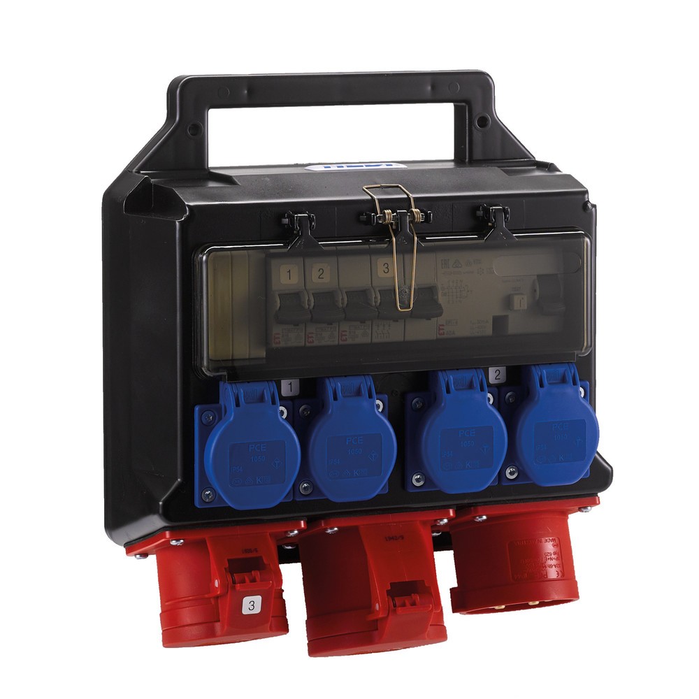 Product afbeelding: HEDI hangende verdeler, draaistroom 400 V / 32 A, IP44, 2x CEE- en 4x geaarde contactdoos, met FI-veiligheidsschakelaar (RCD)