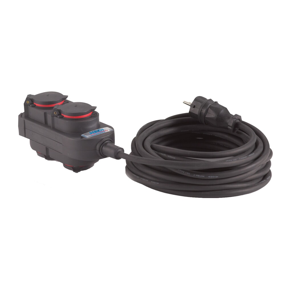 HEDI verlengkabel H07RN-F 3G1.5, neopreenrubber, IP44, 5 m, met 4-voudige ophangkoppeling Product afbeelding: HEDI verlengkabel H07RN-F 3G1.5, neopreenrubber, IP44, 5 m, met 4-voudige ophangkoppeling