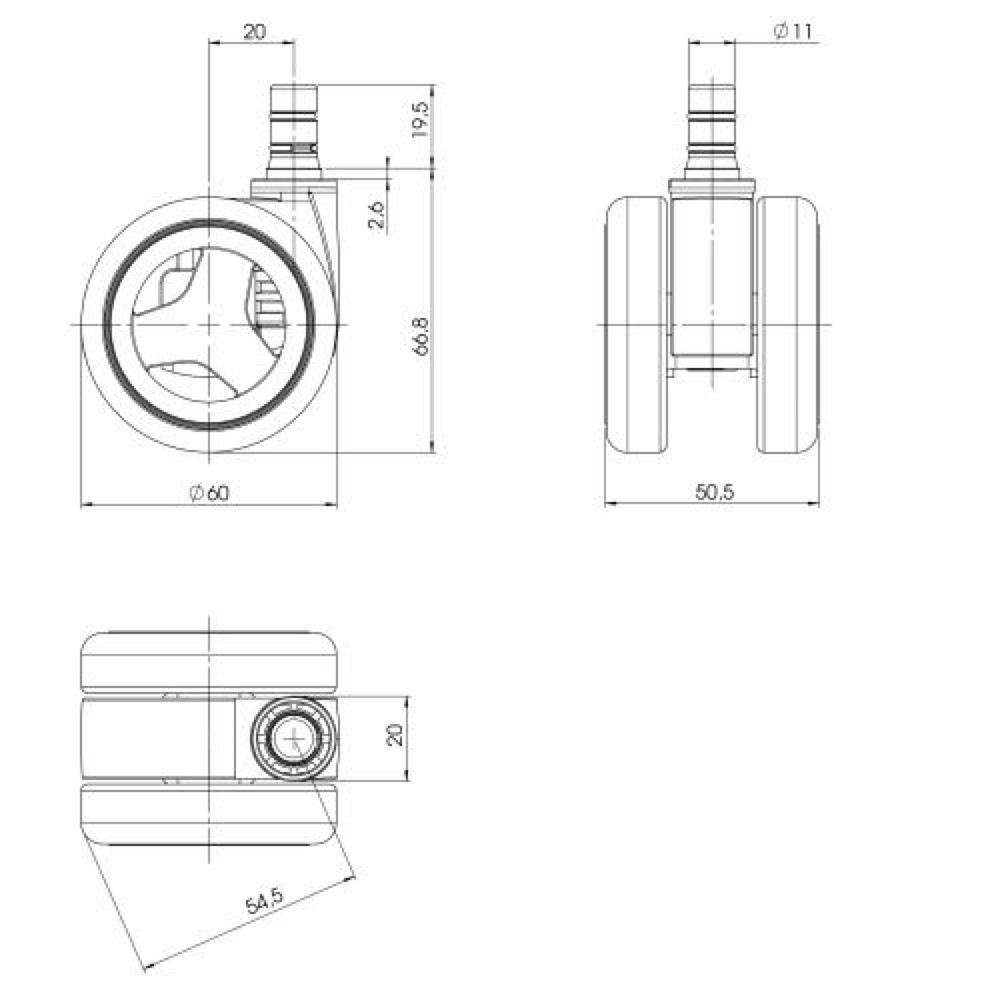 Productafbeelding nr. 3: Wielen voor harde vloeren 5x hjh OFFICE ROLO GAME 11 mm / 60 mm bureaustoelwielen No-Noise, (set van 5)