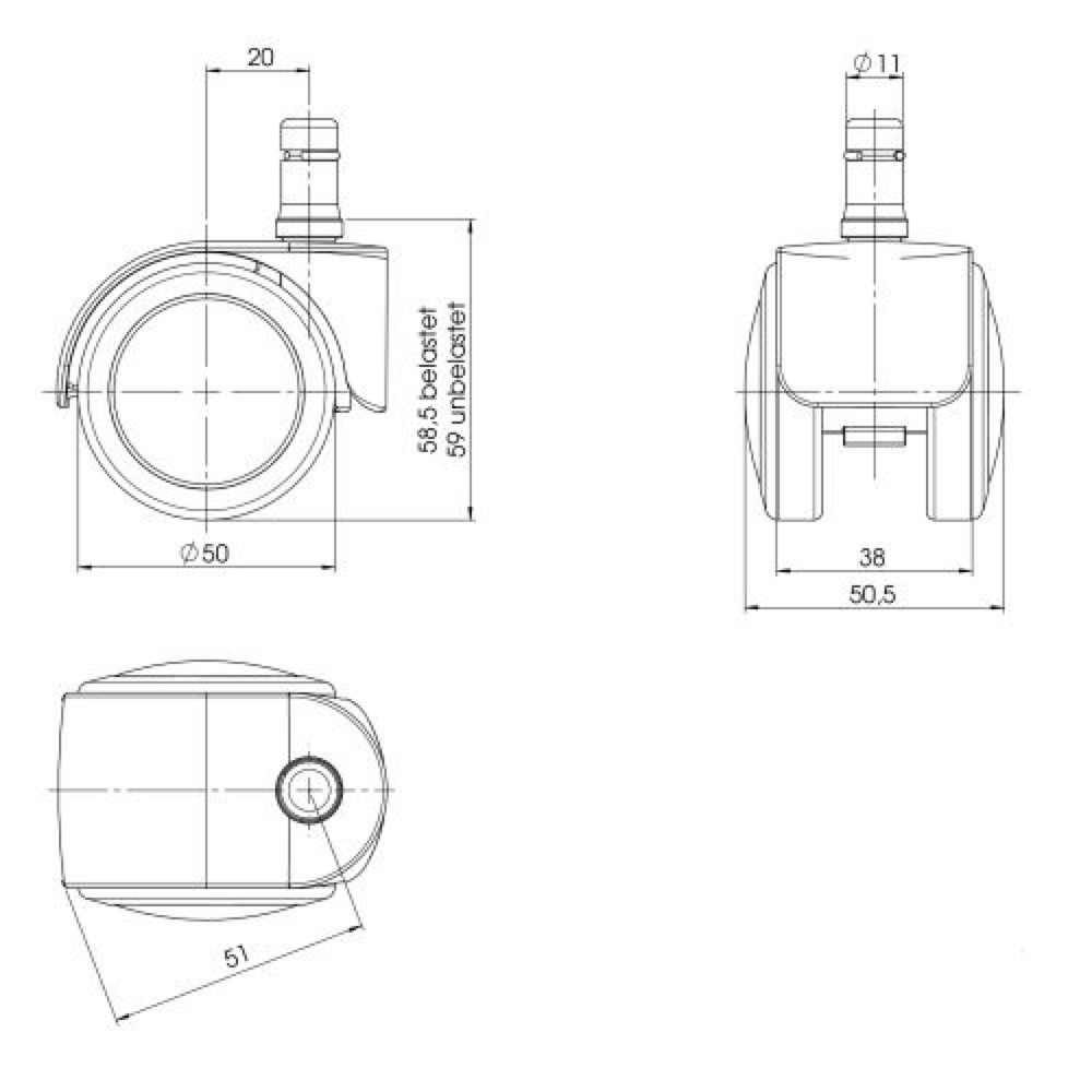 Productafbeelding nr. 2: Wielen voor harde vloeren 5x hjh OFFICE ROLO EASY 11 mm / 50 mm bureaustoelwielen, (set van 5)