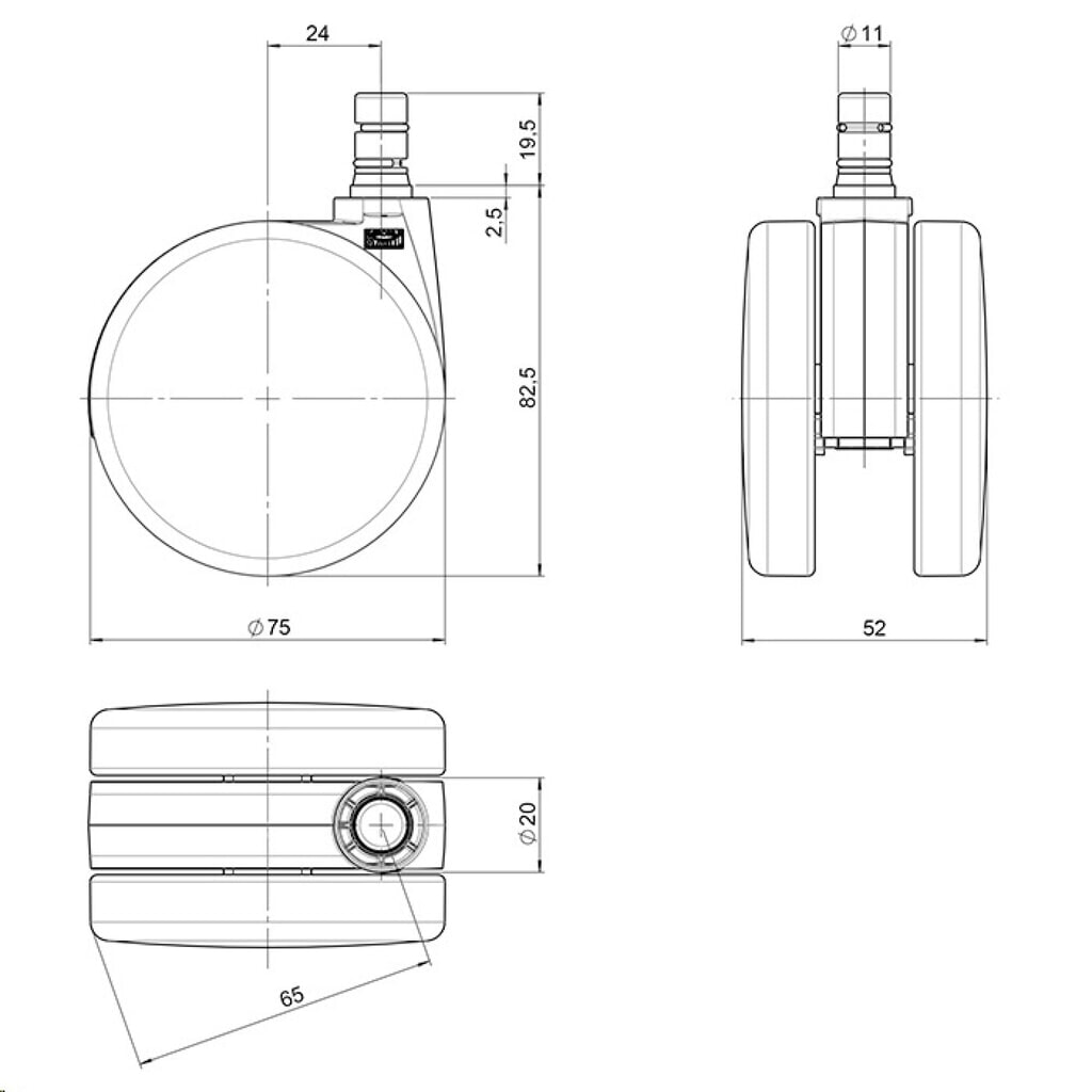 Tapijtwielen 5x hjh OFFICE ROLO No-Noise 11 mm / 75 mm bureaustoelwielen voor tapijt, (set van 5) Productafbeelding nr. 4: Tapijtwielen 5x hjh OFFICE ROLO No-Noise 11 mm / 75 mm bureaustoelwielen voor tapijt, (set van 5)