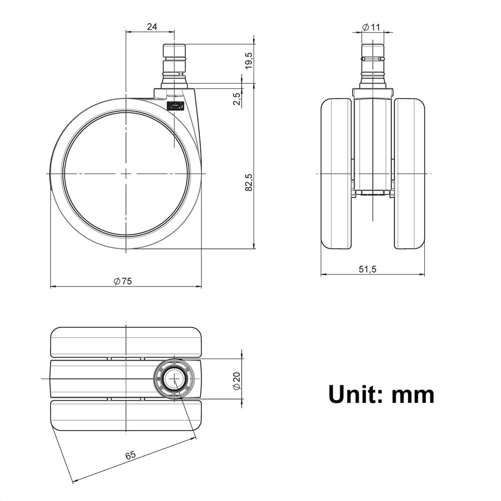 Productafbeelding nr. 4: Wielen voor harde vloeren 5x hjh OFFICE ROLO No-Noise 11 mm / 75 mm bureaustoelwielen voor harde vloeren, (set van 5)