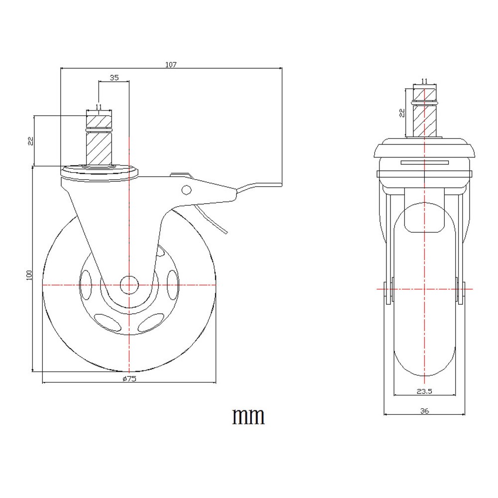 Productafbeelding nr. 4: Wielen voor harde vloeren 5x hjh OFFICE ROLO SKATE 11 mm / 75 mm bureaustoelwielen incl. rem zwart (set van 5)