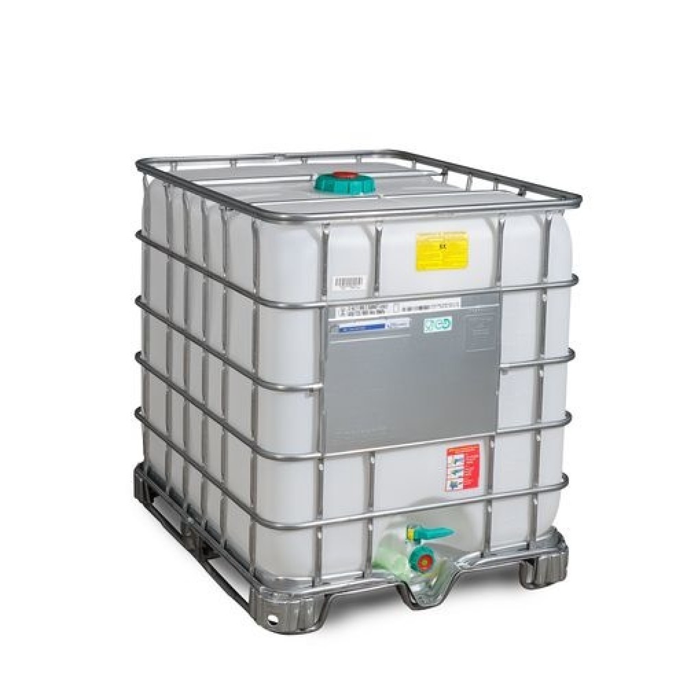 Product afbeelding: IBC, uitvoering voor gevaarlijke en explosieve stoffen, pallet met stalen sledes, 1.000 liter, opening NW150, uitloop NW50