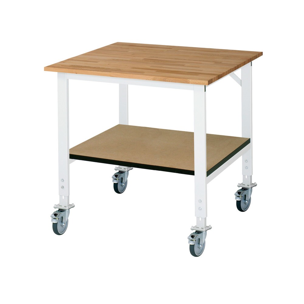 Product afbeelding: In hoogte verstelbare, mobiele werktafel RAU serie TOM met legbord diepte 795 mm, hoogte 910-1.230 mm, bxd 1.000 x 1.000 mm, massief beuken werkblad