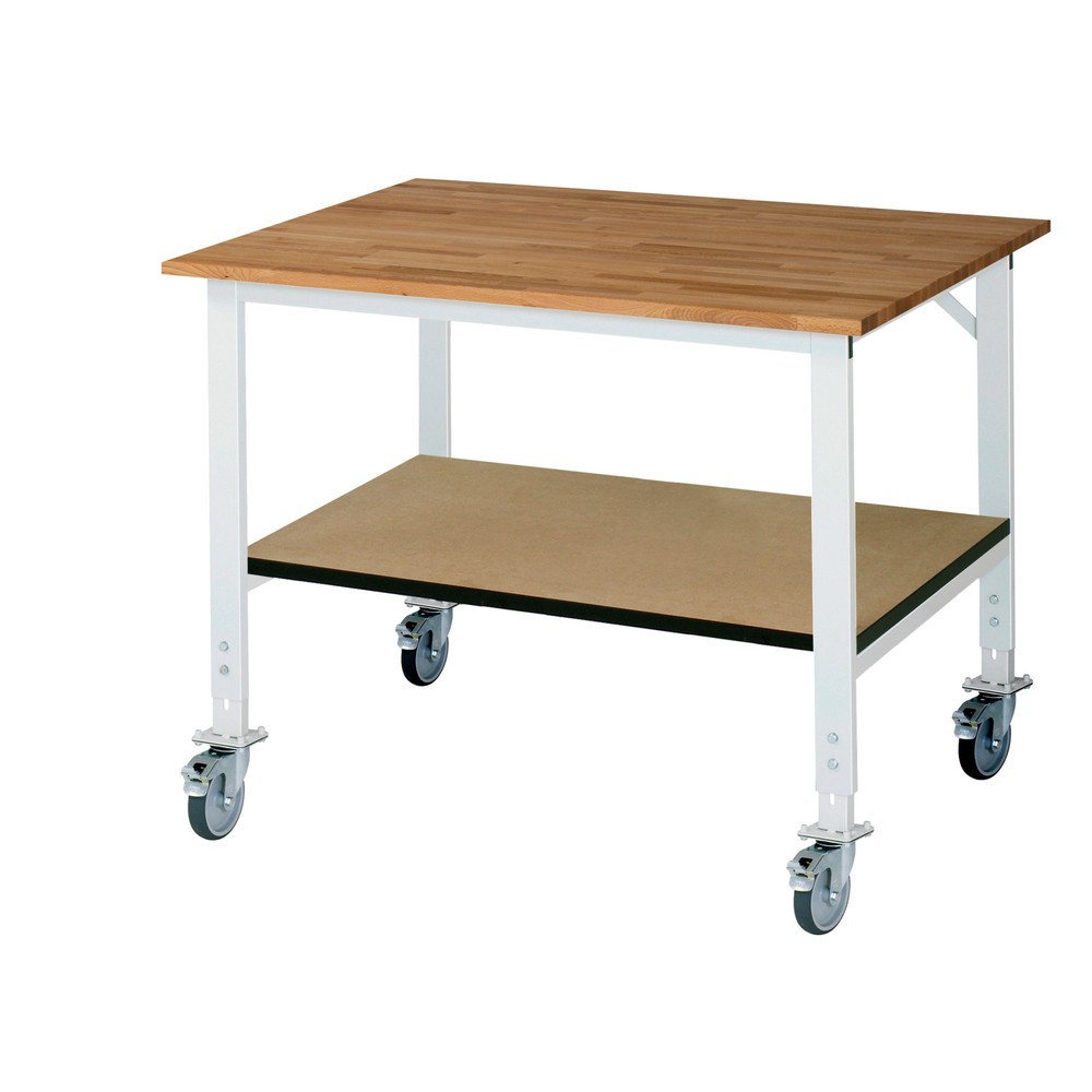 Productafbeelding nr. 1: In hoogte verstelbare, mobiele werktafel RAU serie TOM met legbord diepte 795 mm, hoogte 910-1.230 mm, bxd 1.250 x 1.000 mm, massief beuken werkblad