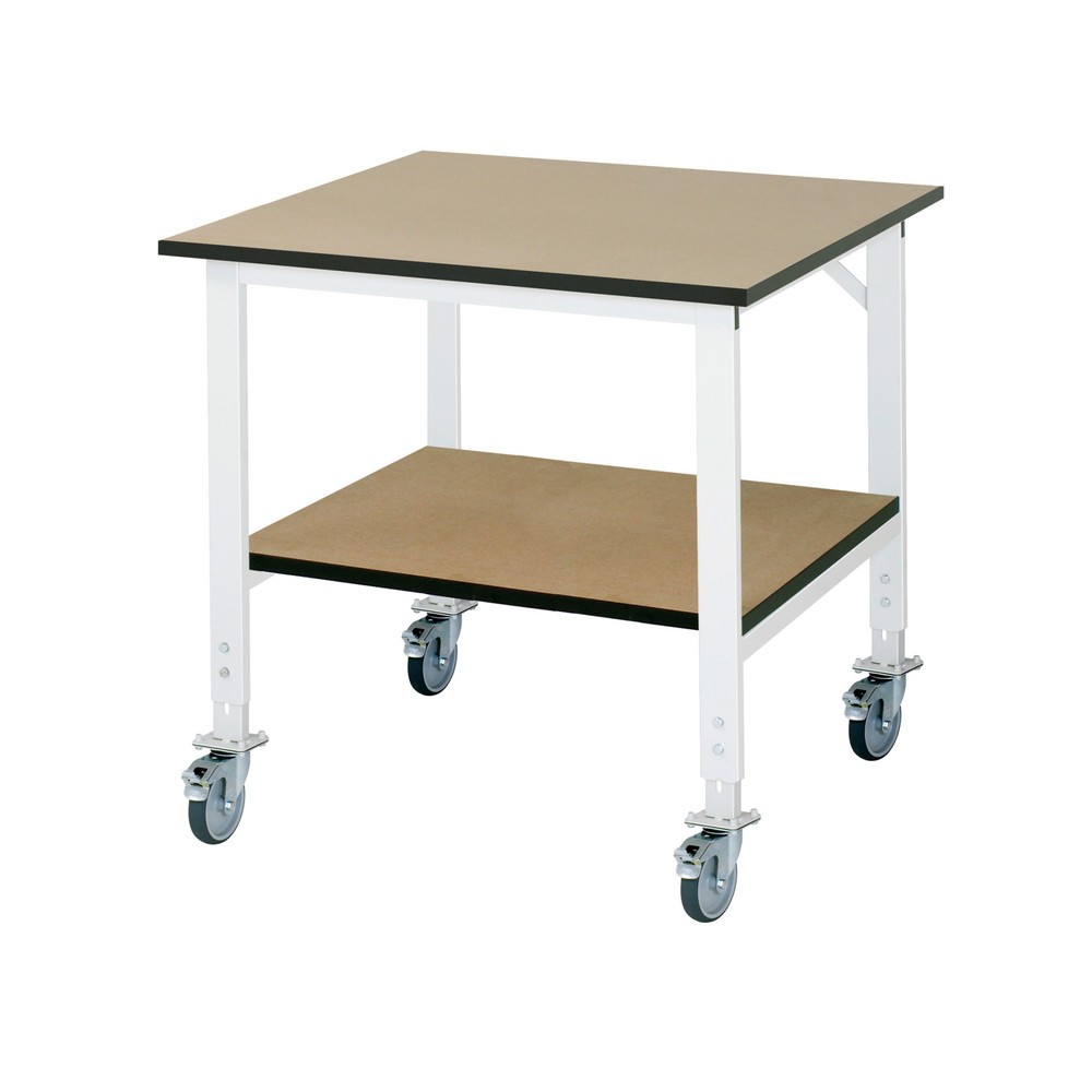 Product afbeelding: In hoogte verstelbare, mobiele werktafel RAU serie TOM met legbord diepte 795 mm, hoogte 910-1.230 mm, bxd 1.000 x 1.000 mm, mdf werkblad
