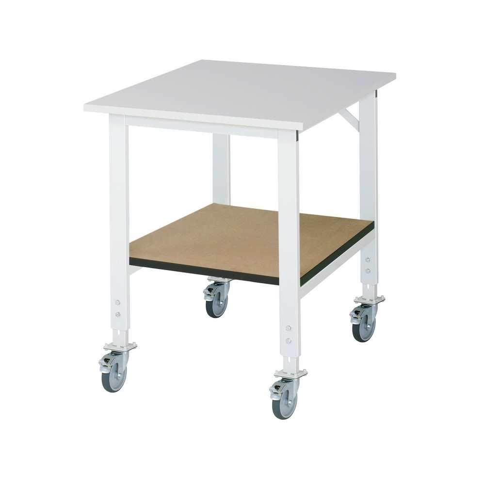 Productafbeelding nr. 1: In hoogte verstelbare, mobiele werktafel RAU serie TOM met legbord diepte 795 mm, hoogte 910-1.230 mm, bxd 750 x 1.000 mm, werkblad met melaminelaag